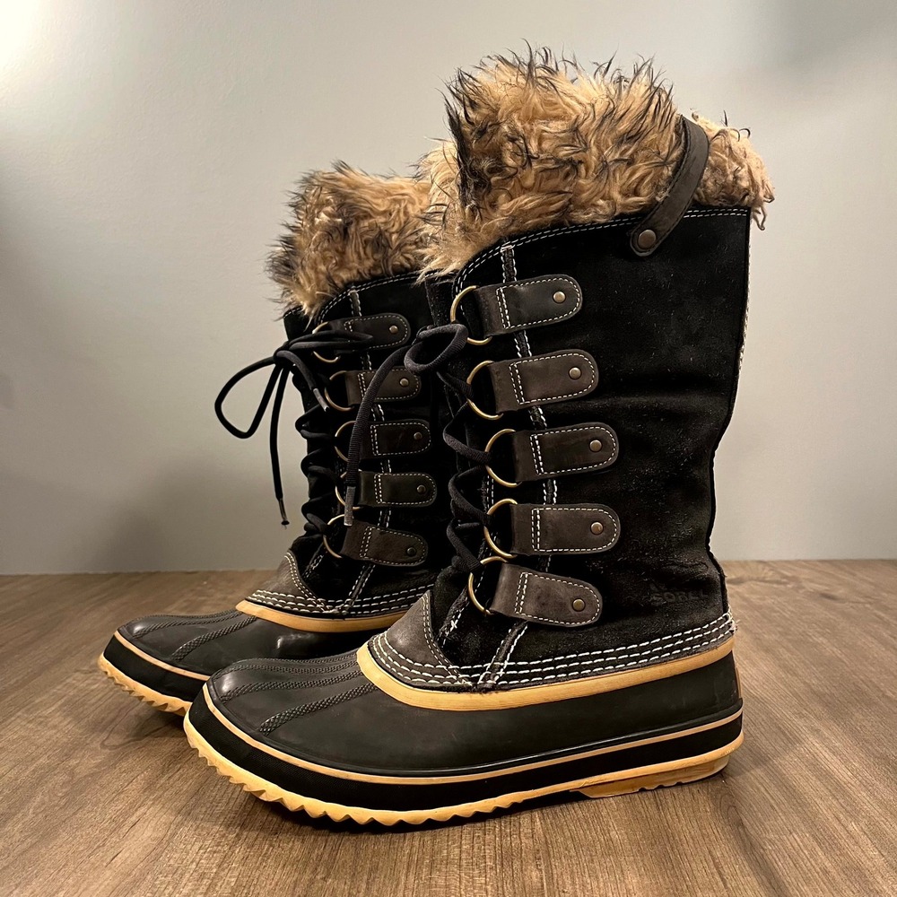 Sorel Winter Boots Joan of Arctic Tall Black Waterproof Faux Fur Snow Womens 10